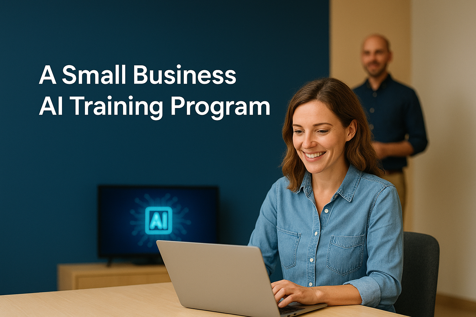 Small Business AI Training Program - Woman learning AI tools with instructor in background